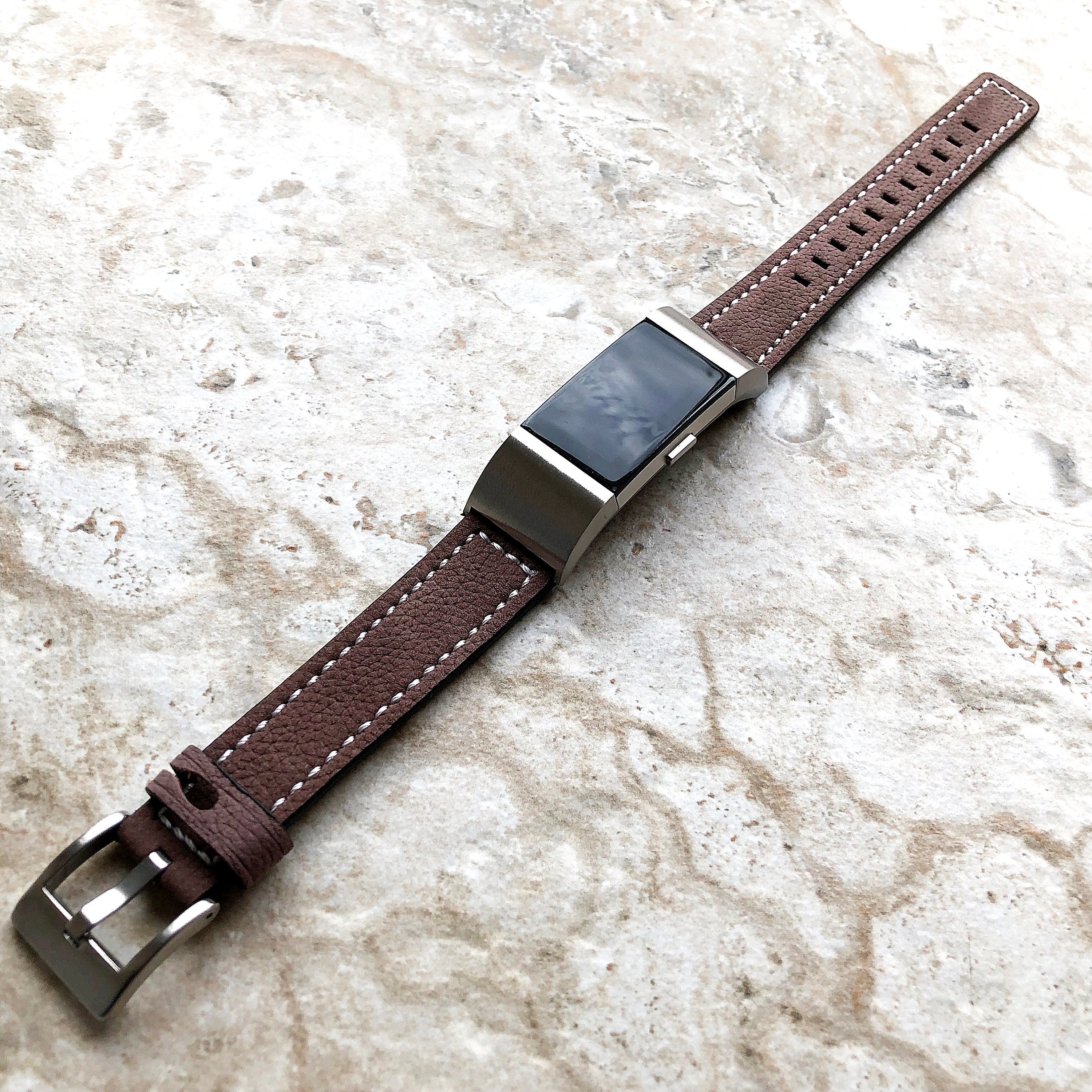 Fitbit Charge 6 5 4 3 Brown Soft Leather Band Strap for Fitness Tracker Replacement Wristband Bracelet with Stitches Adapters Quick Release